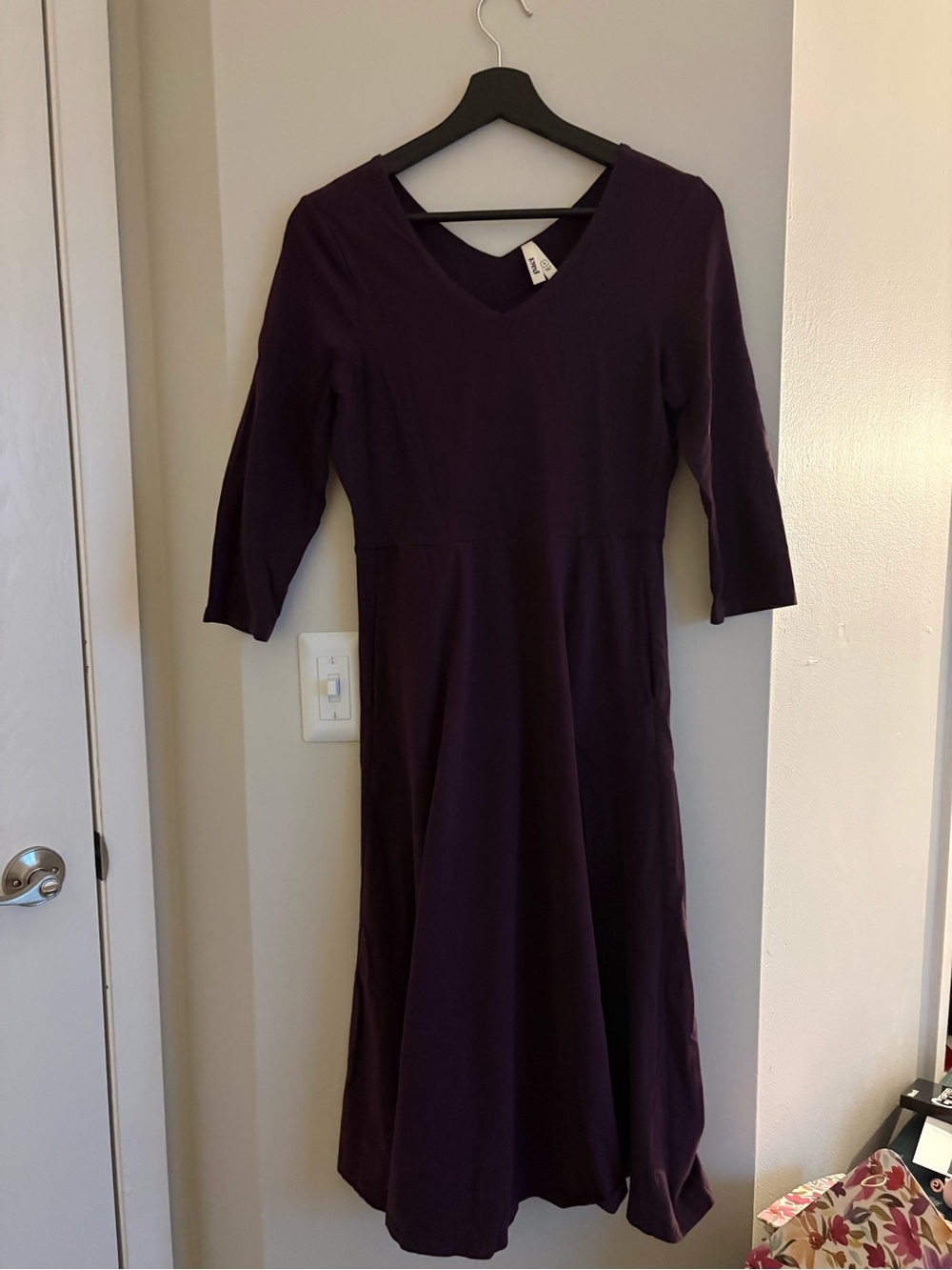 Pact Women's V-Neck 3/4 Sleeve Midi Dress in Deep Plum